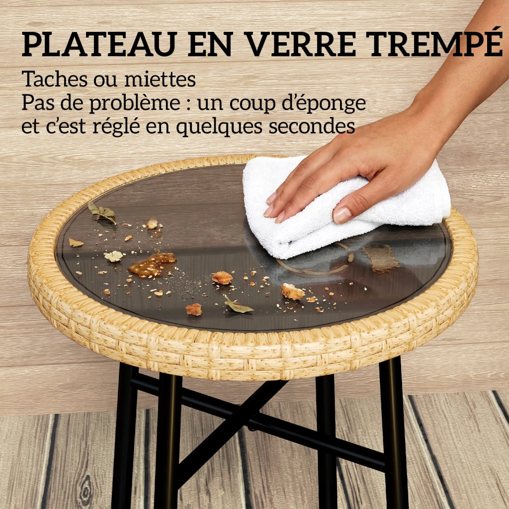 Tavolino da giardino rotondo in polyrattan con piano in vetro temperato ¨C zephmum ¨C 46x46x43cm