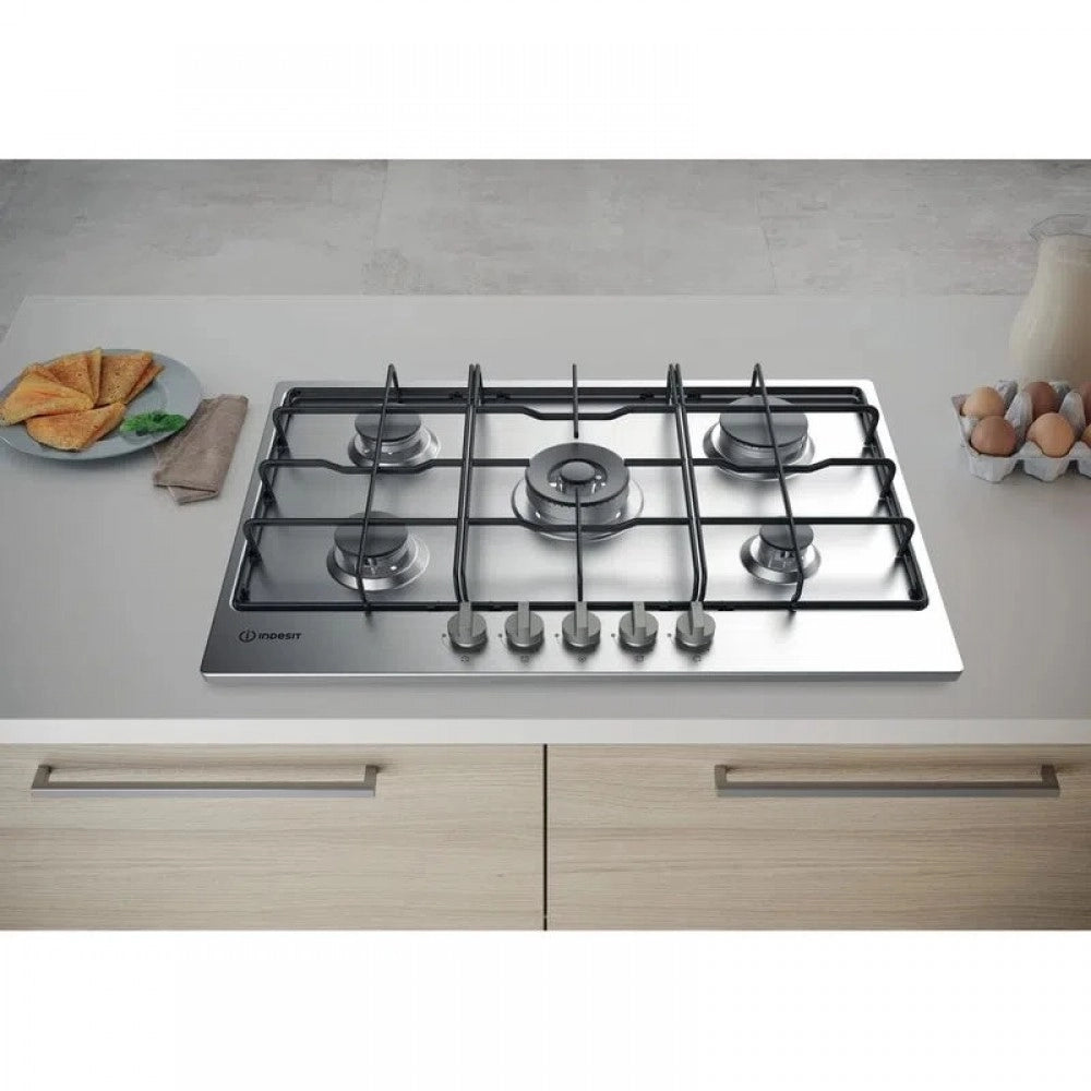 Indesit thp 752 w/ix/i piano cottura 75cm a gas, colore inox, 5 fuochi, comandi frontali