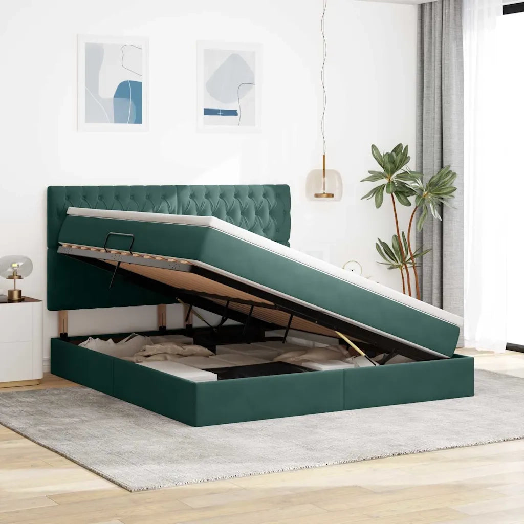 Letto con contenitore LED e materasso Verde Scuro 160 x 200 cm
