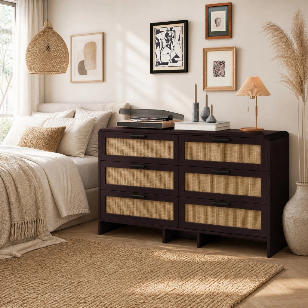 Mobile angolare in rattan con 6 cassetti, 130 cm, colore marrone rossiccio