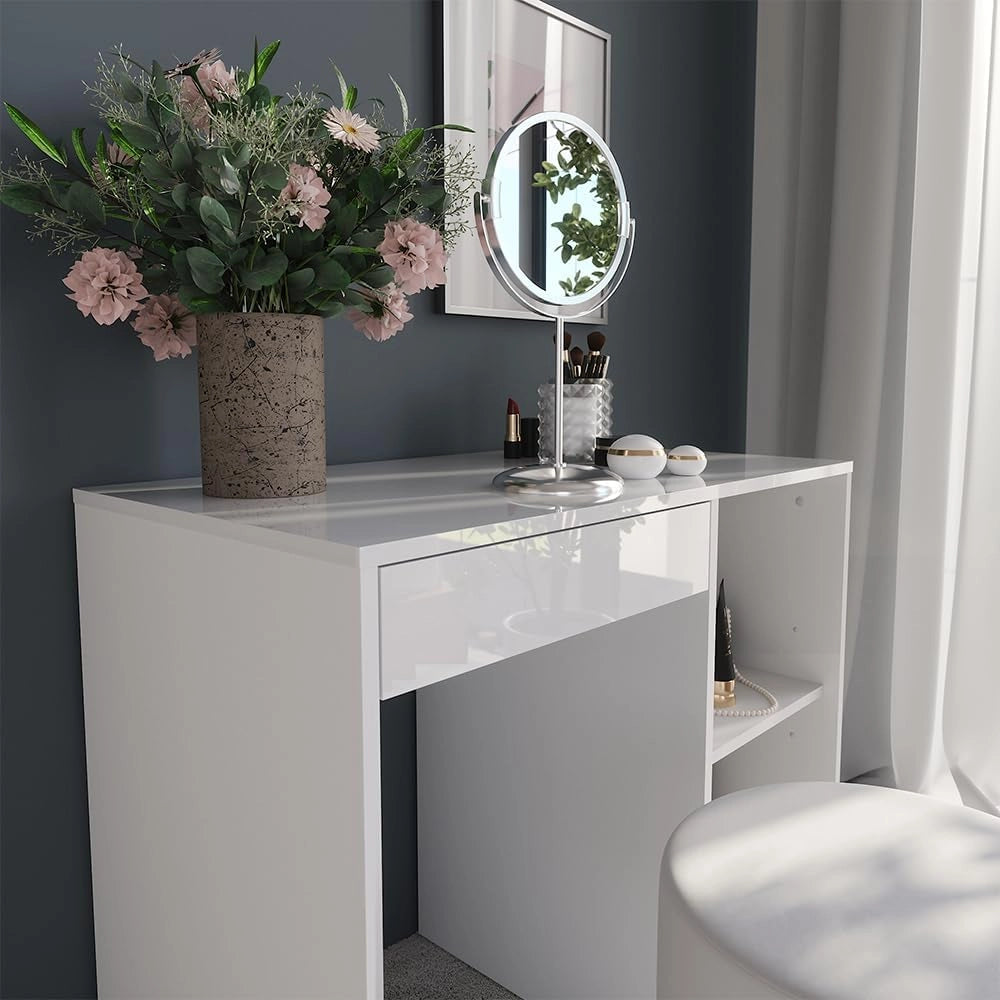Tavolo da toeletta Sherry, Bianco/bianco lucido, 89.8 cm con sgabello