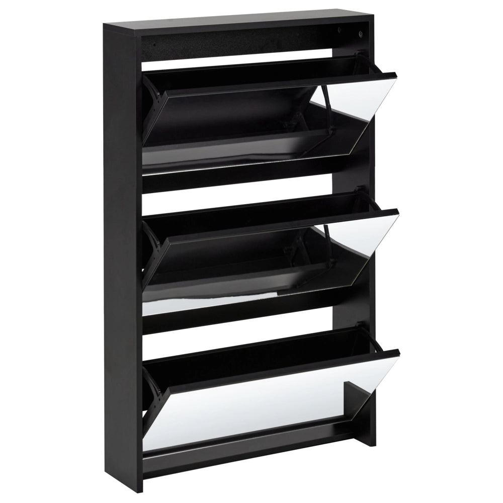 Scarpiera 3 scomparti con telaio in MDF e specchi nero design moderno