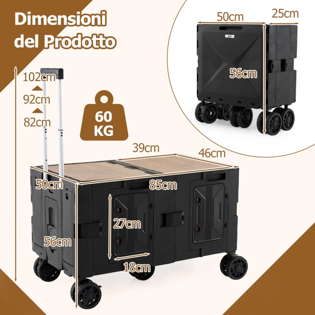 Carrello utilitario pieghevole grande con armadio a 2 livelli 5 ruote rotanti-Carrello a rulli portatile per spesa manico telescopico in metallo Nero