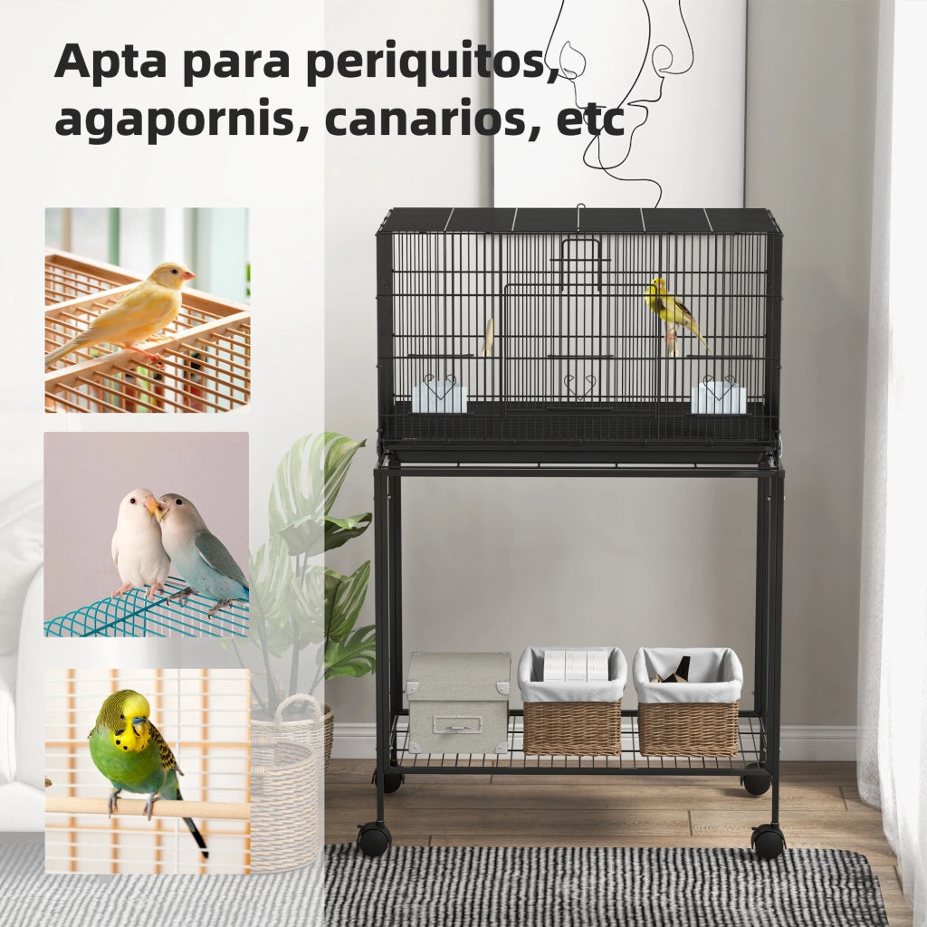Gabbia per Uccelli con Ruote ¨C Xylo ¨C 77x46x119 cm, Metallo Nero, Vassoio Estraibile, 2 Posatoi