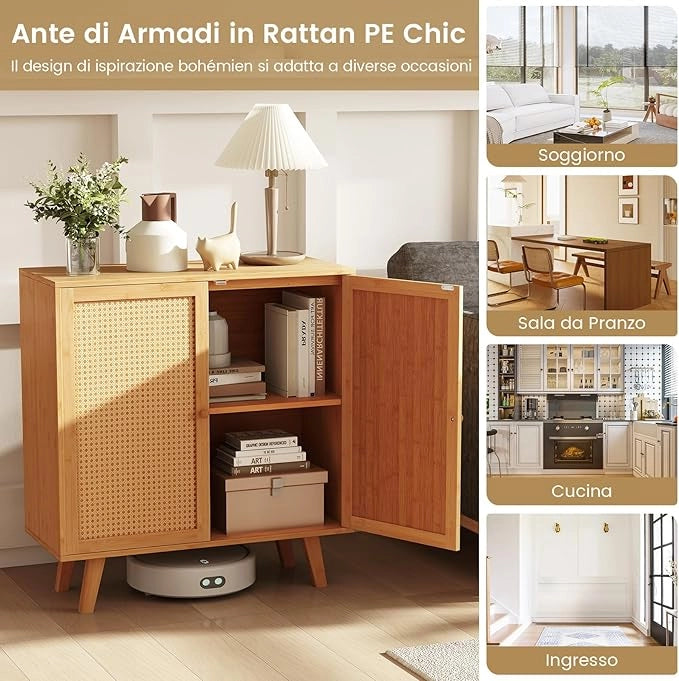 Mobile da Bagno, Armadietto Salvaspazio da Terra con Ripiano Regolabile e 2 Ante in Rattan PE, Credenza in Bambù per Soggiorno, Sala da Pranzo, Cucina e Camera da Letto, 80 x 34,5 x 85 cm