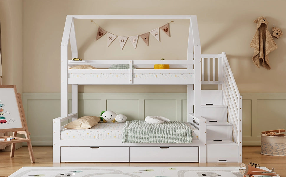 DESMIU Letto a castello per bambini 90 × 200 cm e 140 × 200 cm con 2 cassetti, scala contenitore, senza materasso, bianco