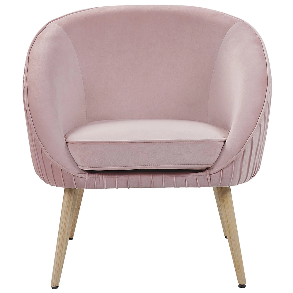 Poltrona Velluto Rosa Braccioli Incassati Gambe In Legno Retrò