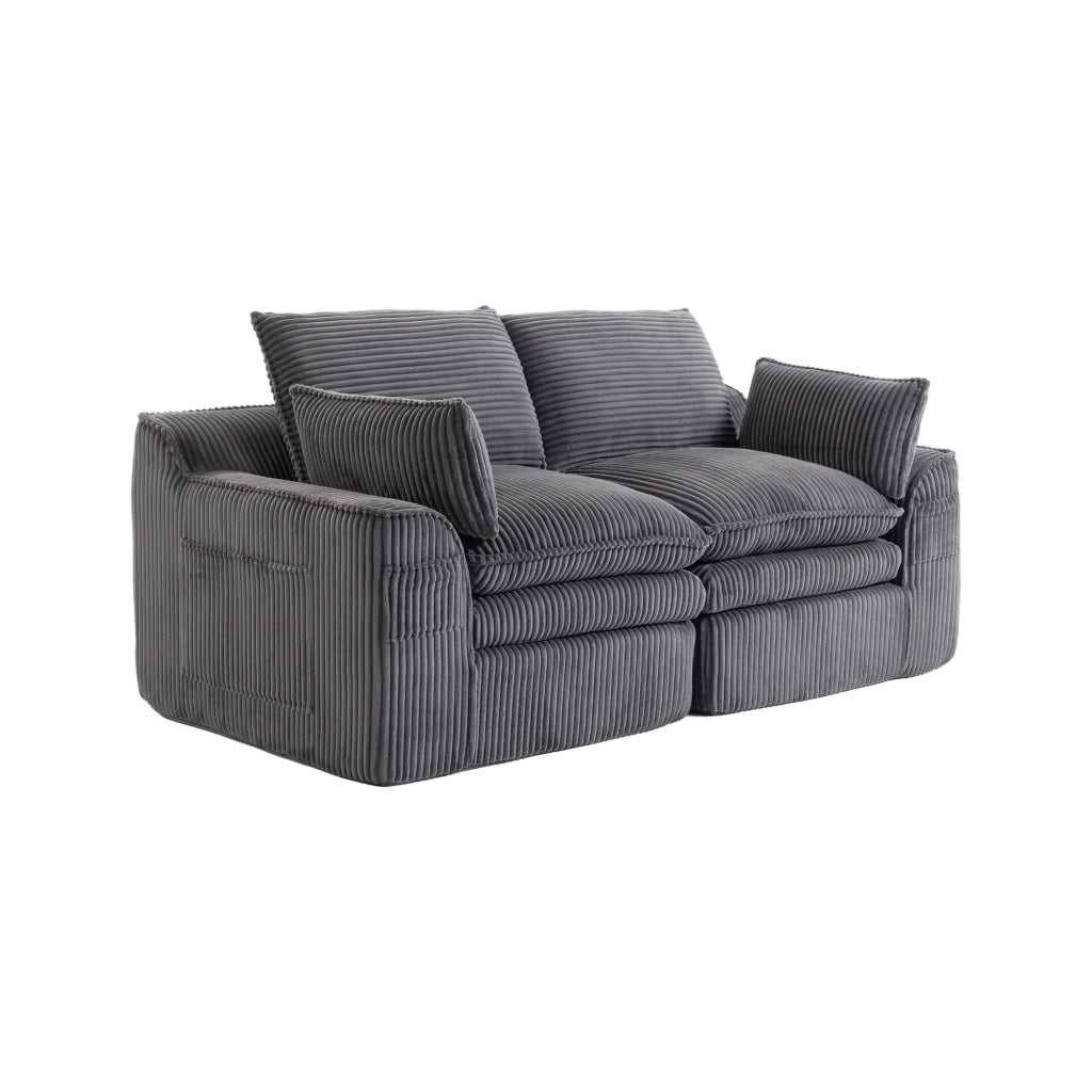 Divano 2 posti in corduroy grigio scuro con cuscini e tasche laterali, 191x94x85 cm