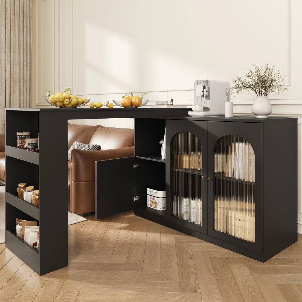 Bartisch mit 360° Drehfunktion aus MDF, 120 x 40 x 97 cm, moderner schwarzer Ess- und Barschrank mit Glasfront