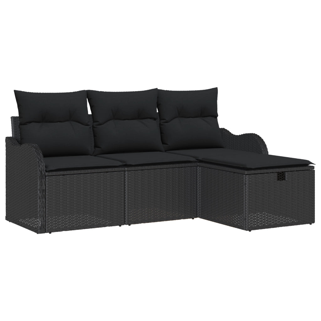 Set Divano da Giardino 4 Pezzi con Cuscini Rattan Polietilene Nero