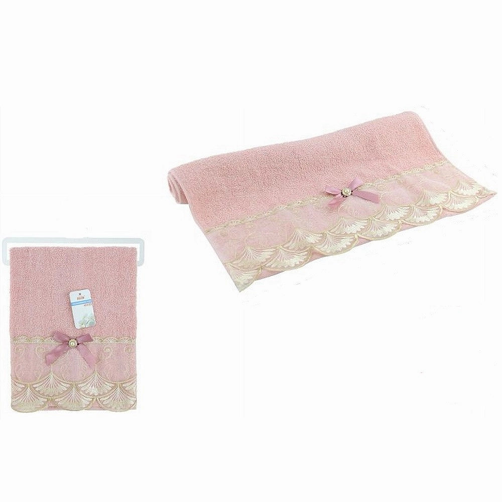 Trade Shop - Asciugamano Da Bagno Viso In Cotone Morbido Decorato 48 X 93 Cm 180gr Rosa 79506 -