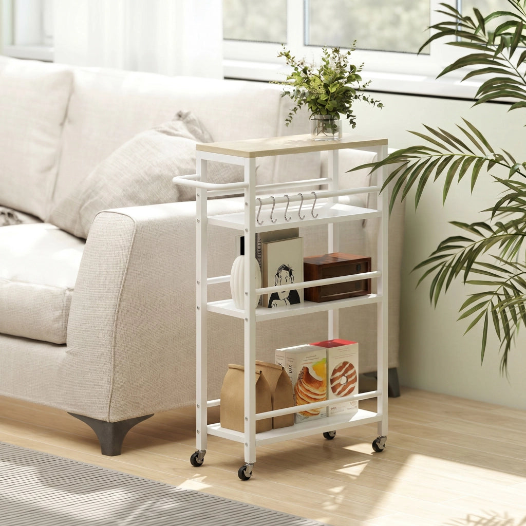 Carrello da cucina 4 livelli con porta asciugamani e 6 ganci ¨C Minimal ¨C 50x20x81 cm, quercia