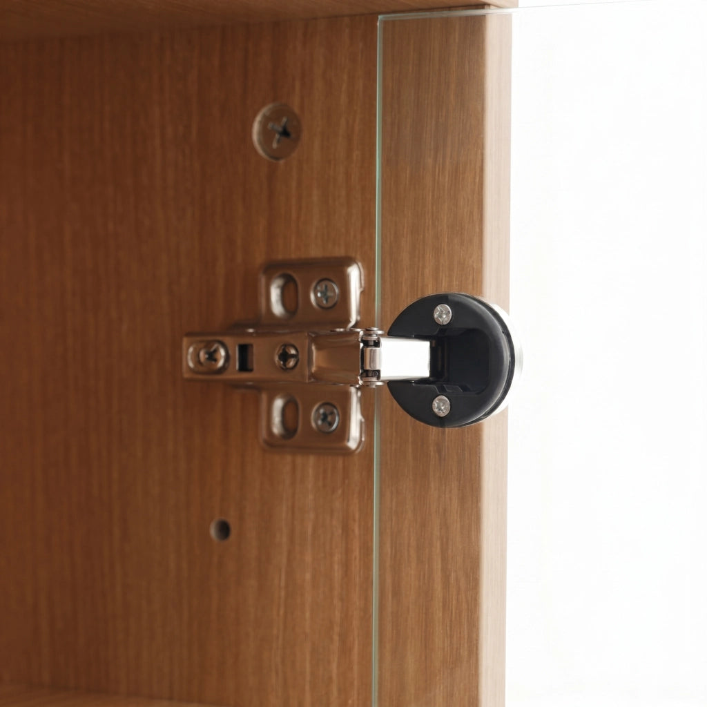 Vetrina con porta in vetro, 3 ripiani regolabili, 2 cassetti e push-to-open per soggiorno, in MDF effetto legno