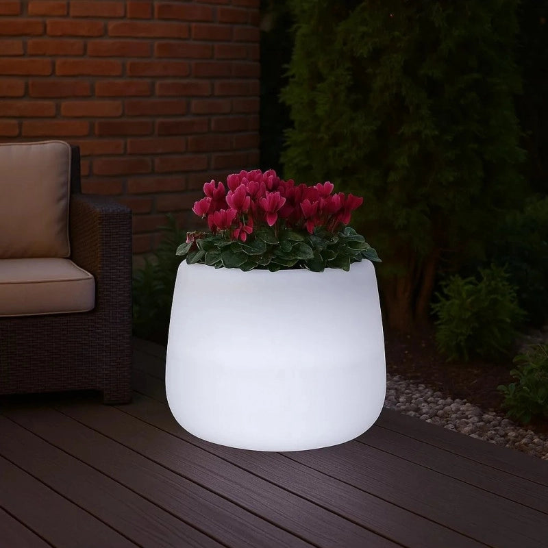 Vaso luminoso moderno di design Ø53 H55 in polimero resistente con LED multicolor con batteria per interno ed esterno - Made in Italy - Monacis
