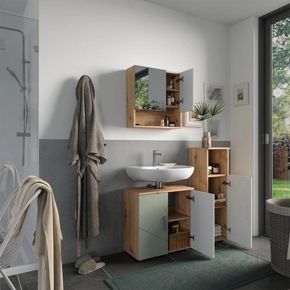 Set di mobili da bagno Irma, Verde salvia, 60 cm, composto da mobile sottolavabo, specchiera e mobile medio