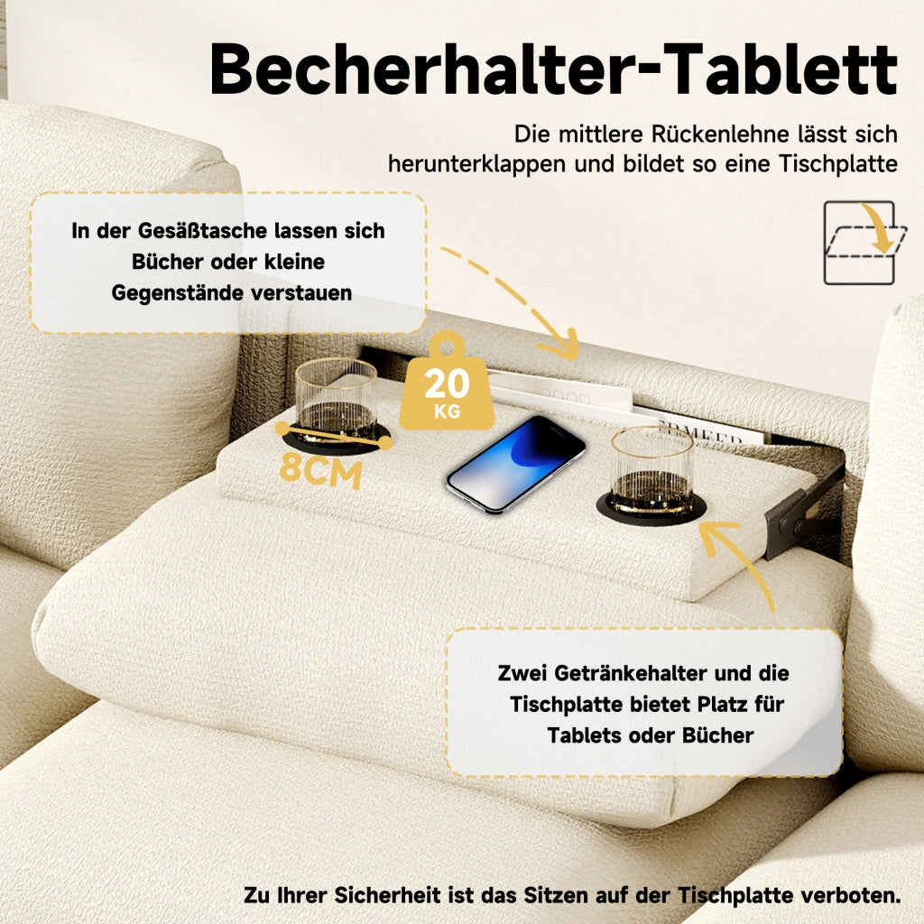 Divano lineare 3 posti con tavolino ribaltabile; USB e contenitore in chenille beige
