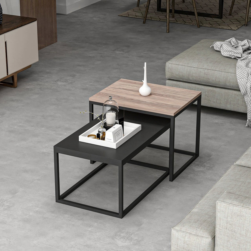 Set di 2 Tavolini Bassi 'Aabenraa' Tavolini Sovrapponibili - Rovere / Nero [en.casa]