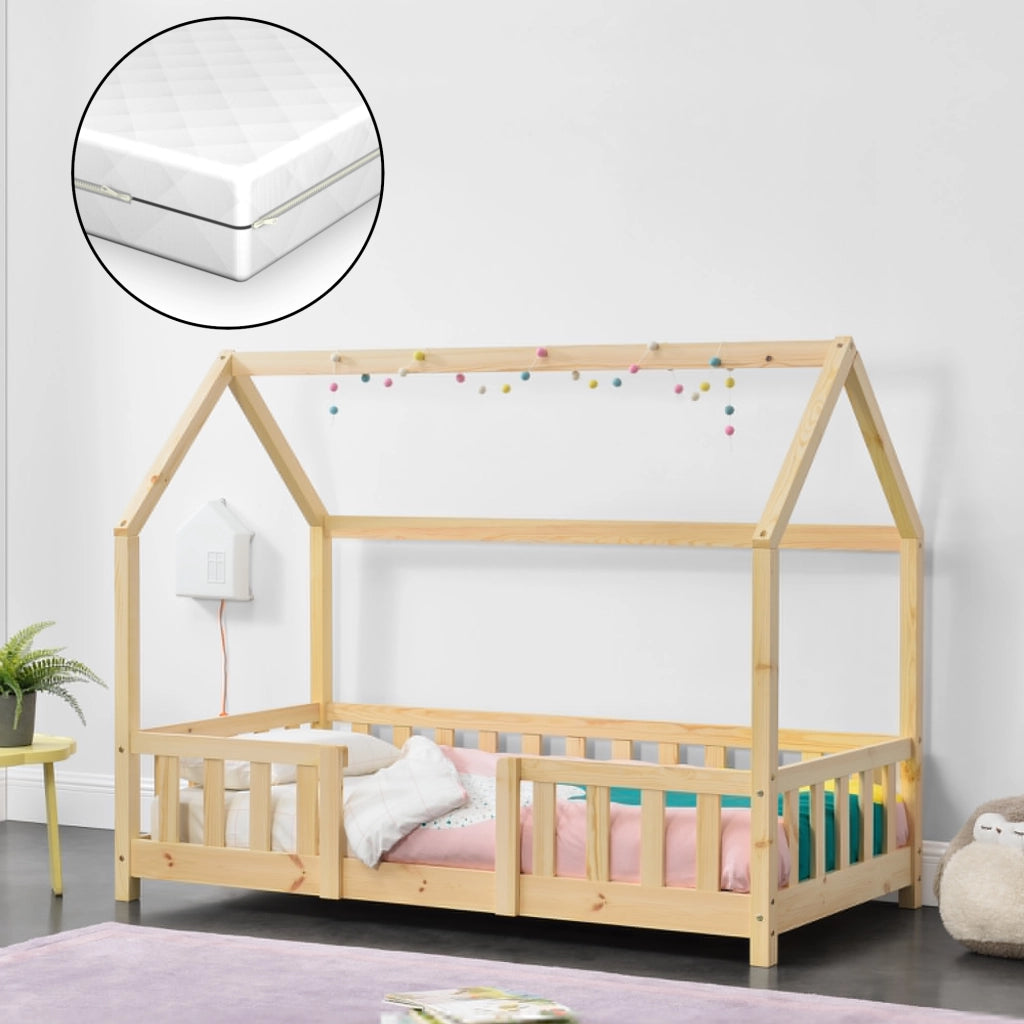 Letto per Cameretta Sisimiut a Forma di Casetta con Materasso 70x140 cm Color Legno Naturale [en.casa] [neu.haus]