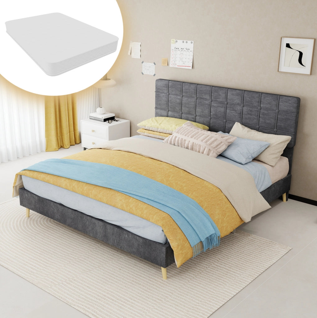 Letto 160 x 200 cm in tessuto grigio con testiera imbottita a quadri