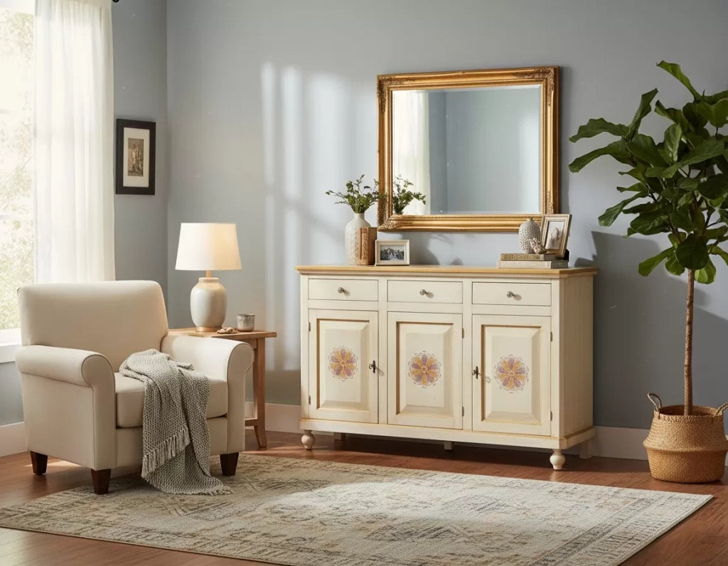 Madia credenza in legno 3 ante avorio pennellato l.150 p.43 h.98 (1081) - Mobili 2G