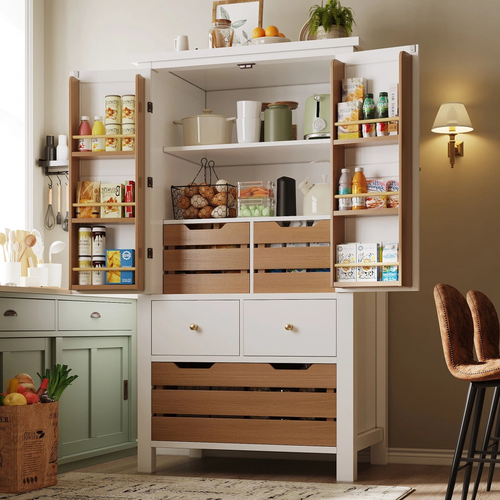 Credenza da Cucina Alta con 2 Ante e 5 Cassetti; Chiusura Magnetica; in MDF; 80x40x140 cm; Bianca