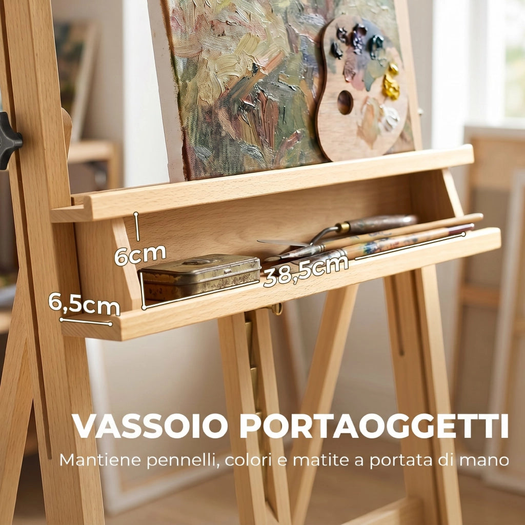 Cavalletto Pittura Pieghevole 50,5x53x178-238 cm con Ruote in Legno di Faggio