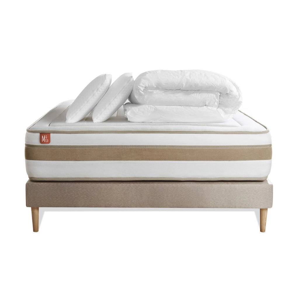 Pacchetto letto completo - Materasso 140x200cm + Box spring con doghe (kit) + 2 cuscini + Piumino - Le Raffiné