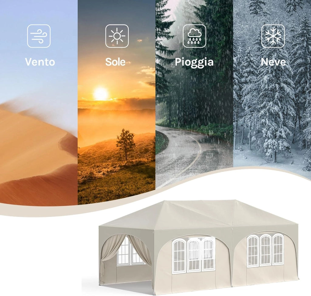 Gazebo Pieghevole da Giardino, Gazebo Idrorepellente Pop Up da 3x6m Pannelli Laterali, Tendone Esterno, Altezza Regolabile, Protezione UV, con Custodia Beige