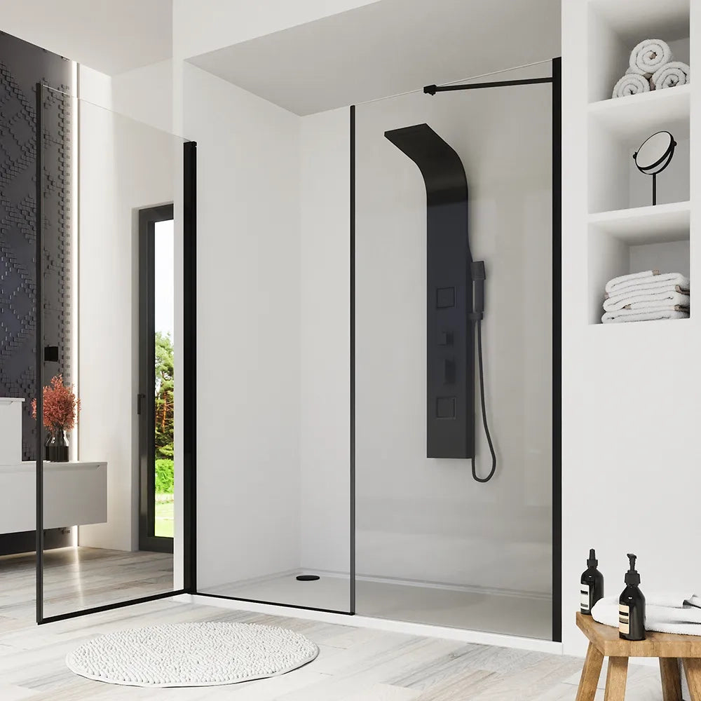 Porta doccia 151-155cm profili nero opaco apertura a battente e parete fissa vetro 8mm trasparente h195 | Fiji