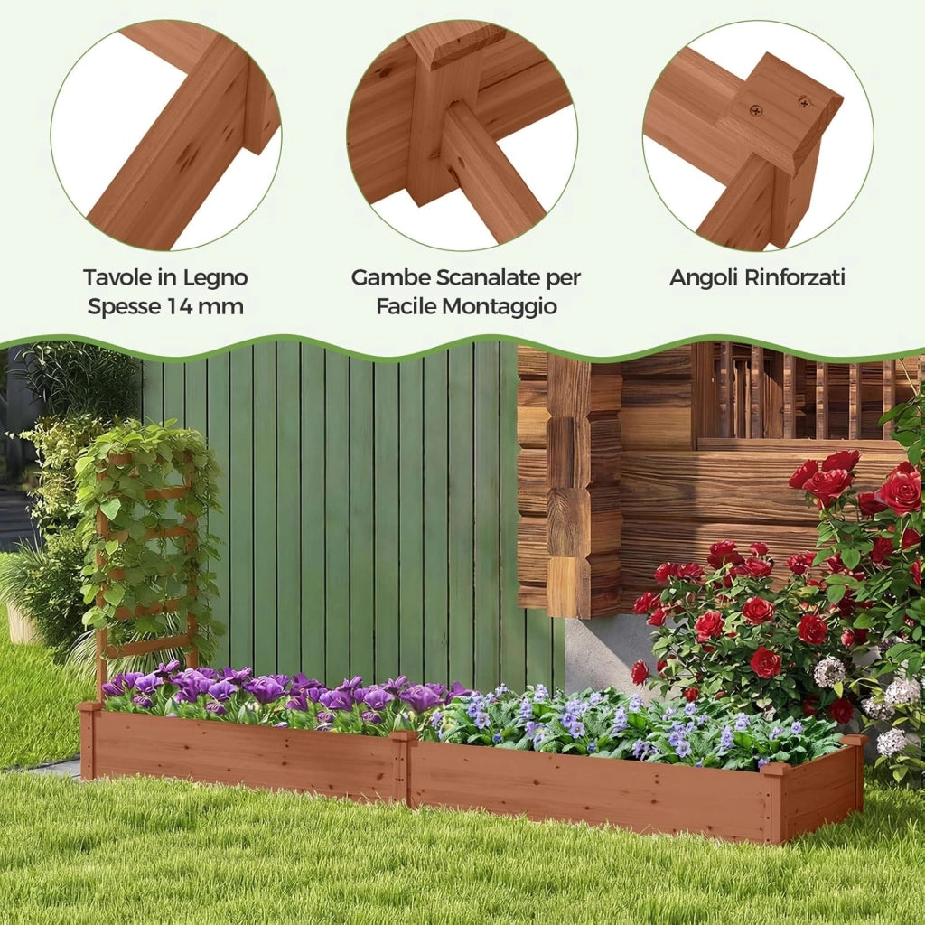 Fioriera da Esterno e Traliccio, Letto Rialzato in Legno per Fiori, Erbe, Verdure, Frutta e Viti Rampicanti, Aiuola Elevata da Giardino con Spalliera, 235CM x 63CM x 102CM (Marrone)