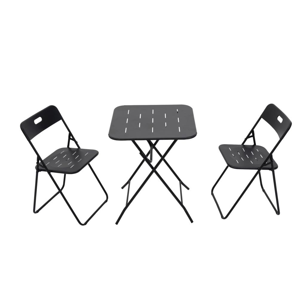 Set Tavolo e Sedie da Giardino con 1 Tavolo e 2 Sedie Pieghevoli; per 2 Persone; Acciaio; Nero
