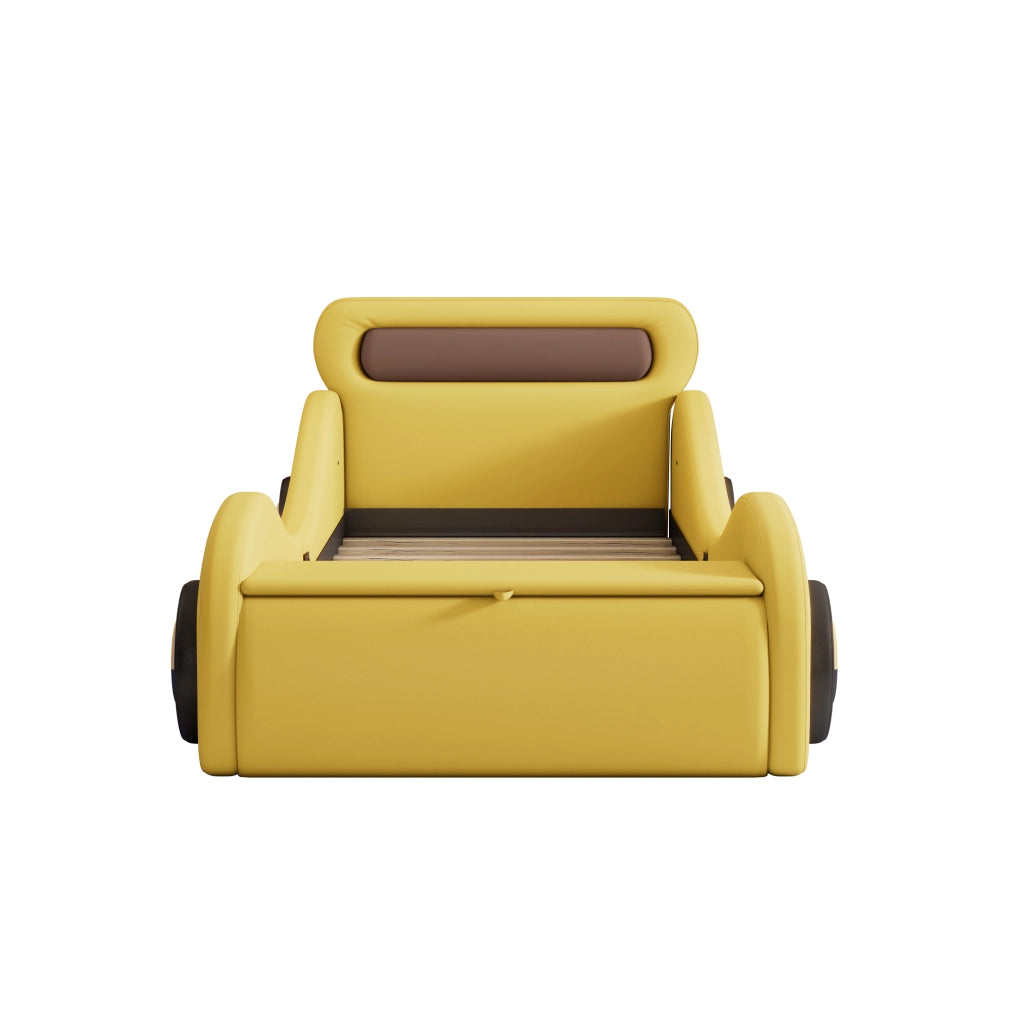 Letto imbottito a forma di auto giallo con ruote luminose in PU 90x200 cm