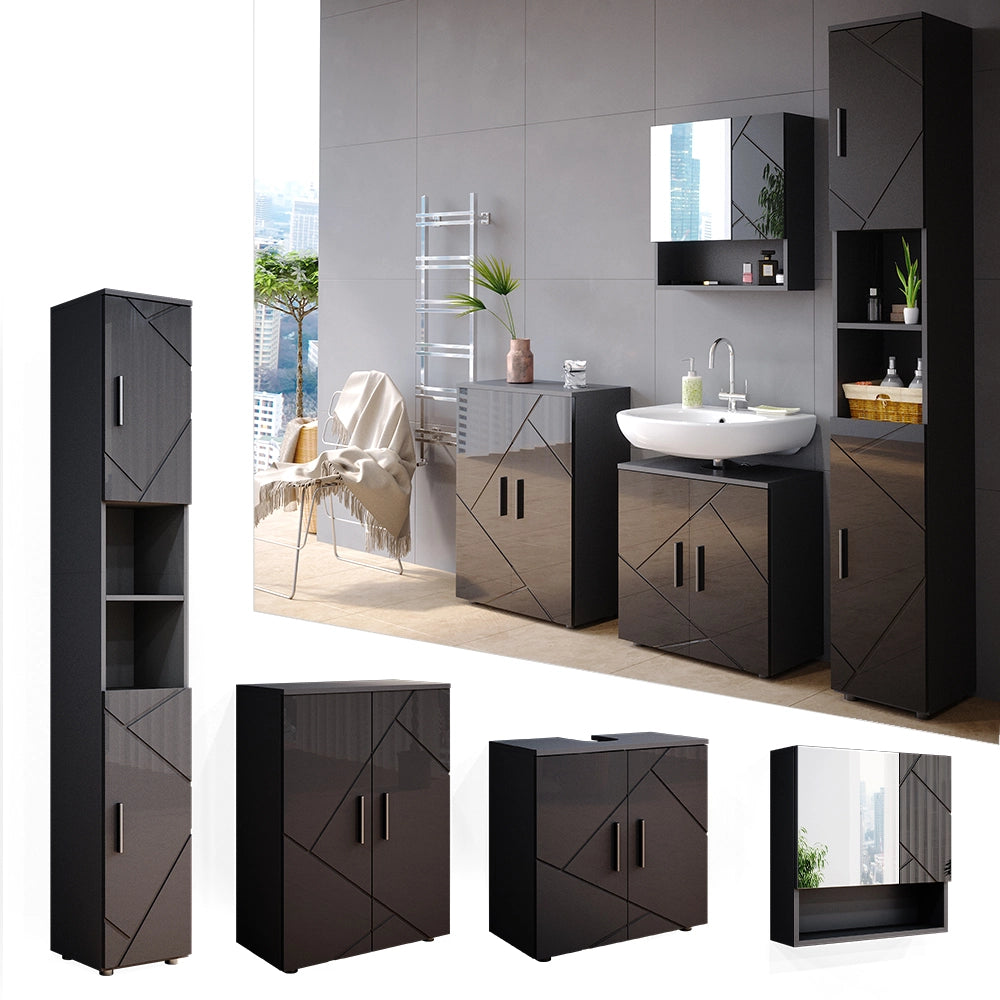 Vicco Set mobili bagno Antracite lucido 4 parti, con armadio alto e cassettiera