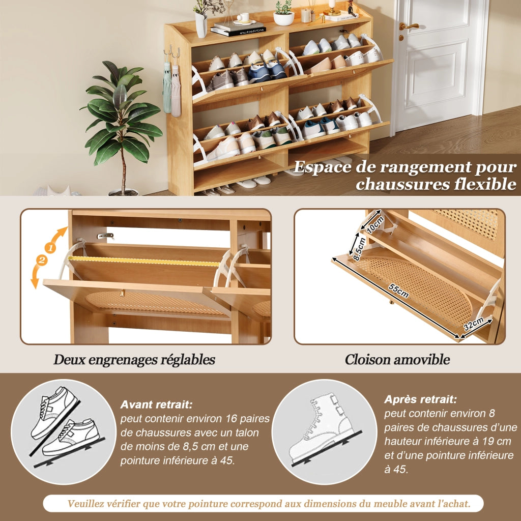 Scarpiera con 4 ante a ribalta; 8 scomparti e 2 ganci; per ingresso; in MDF; naturale; 120 × 24 × 90 cm