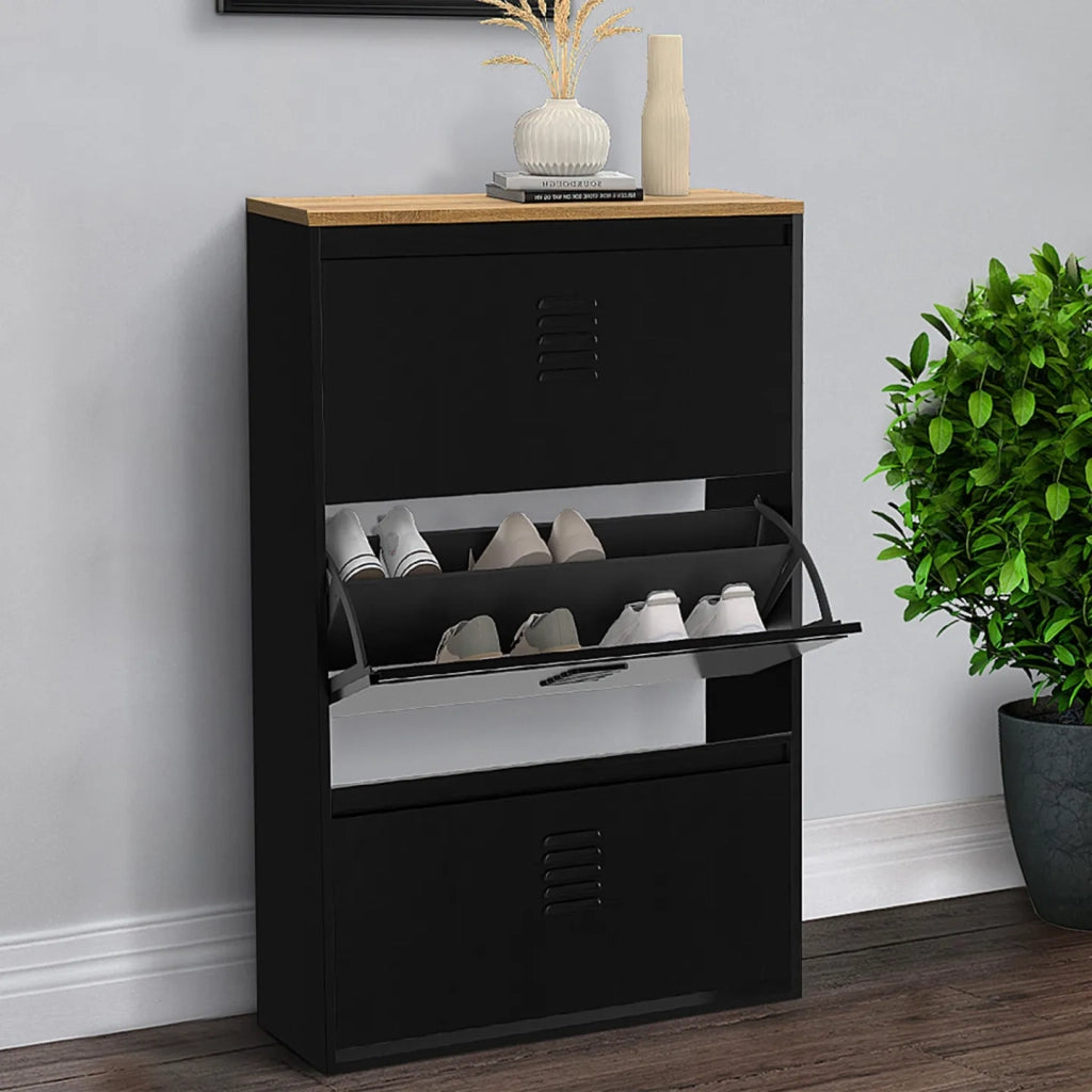 IDMarket - ESTER Zapatero de 3 puertas y 18 pares de metal negro con tapa de madera de diseño industrial