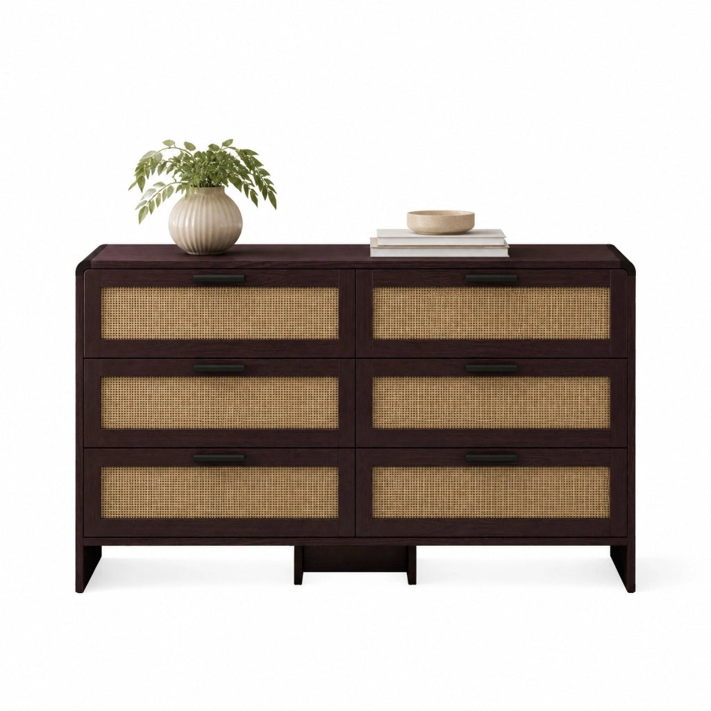 Mobile angolare in rattan con 6 cassetti, 130 cm, colore marrone rossiccio
