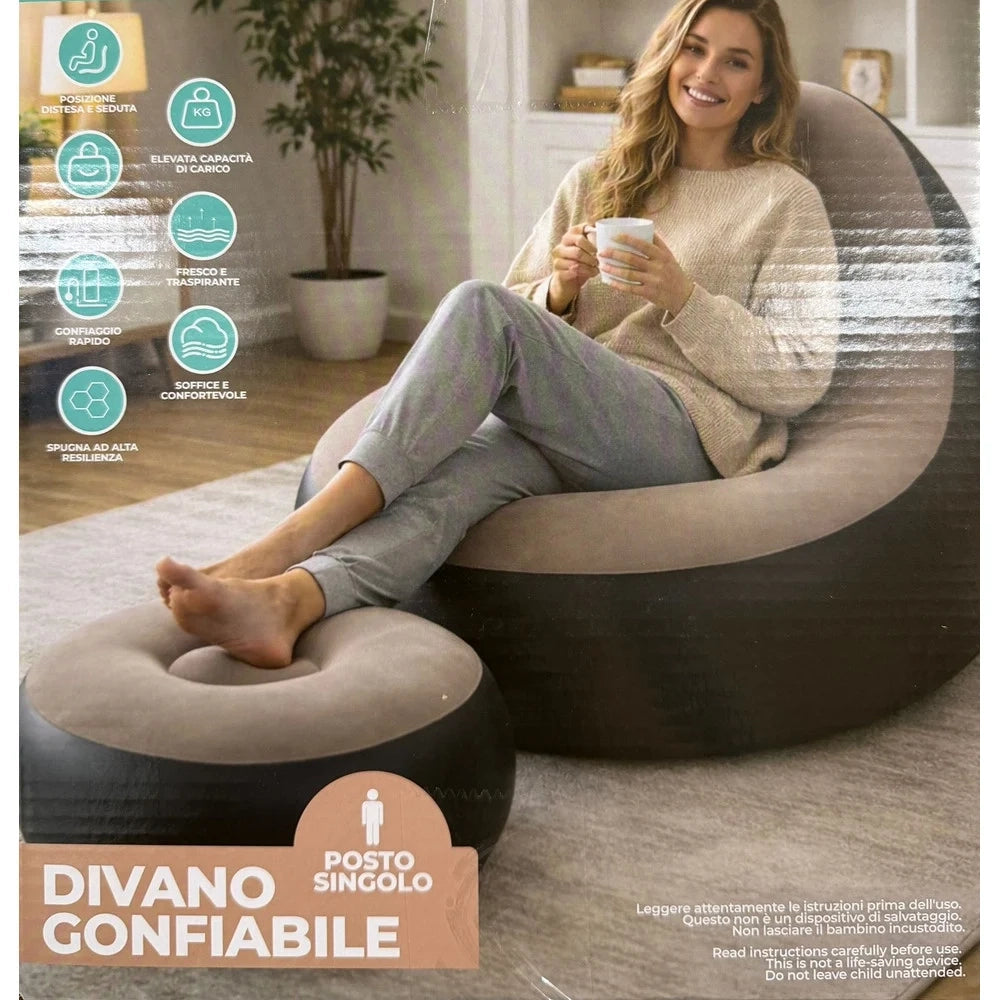 Trade Shop - Sedia Gonfiabile Poltrona Lounge Con Sgabello Portatile Pvc Floccato Per Campeggio -