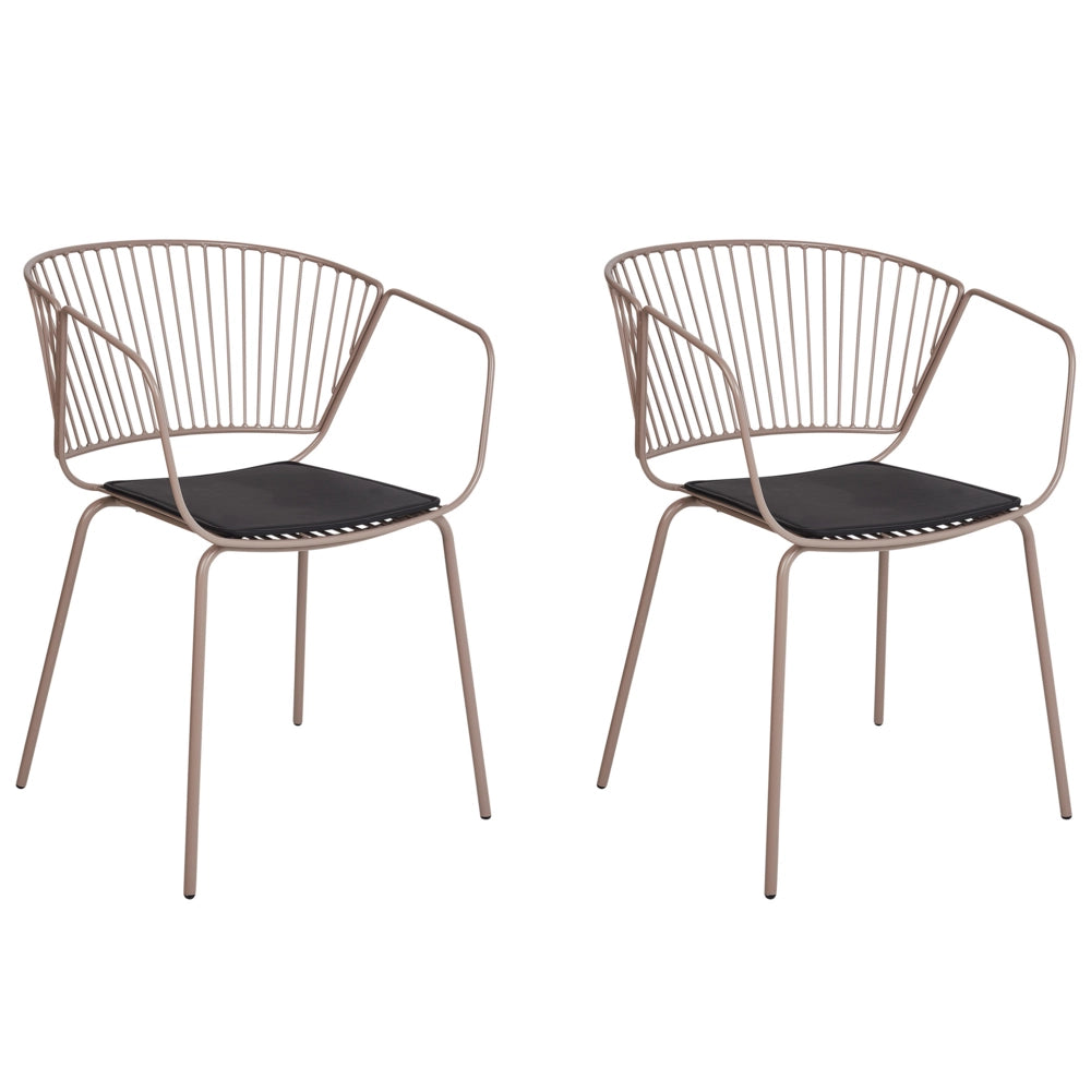 Set di 2 sedie da pranzo in metallo beige con design a filo in ecopelle nera con cuscinetto per sedili in stile industriale e glam.
