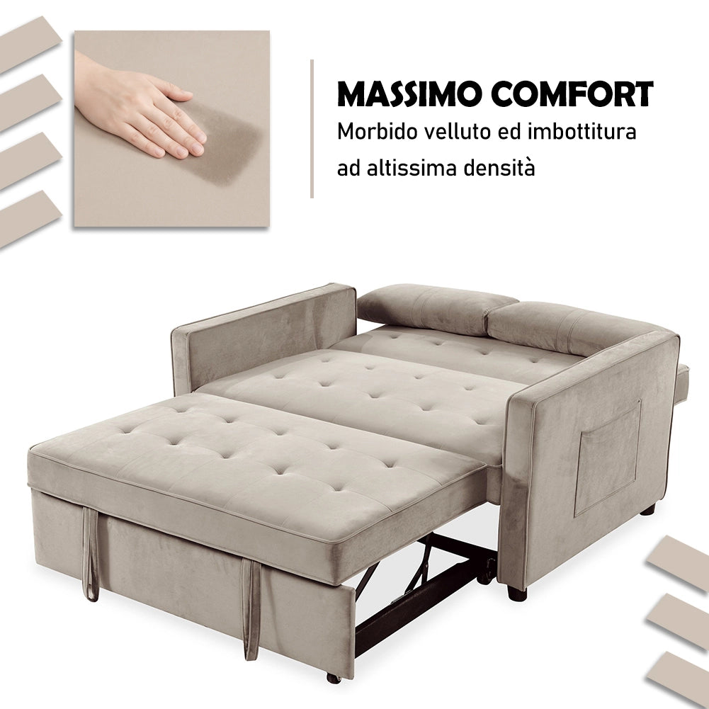Divano Letto Due Posti in Velluto Premium con Imbottitura Alta Densità Beige
