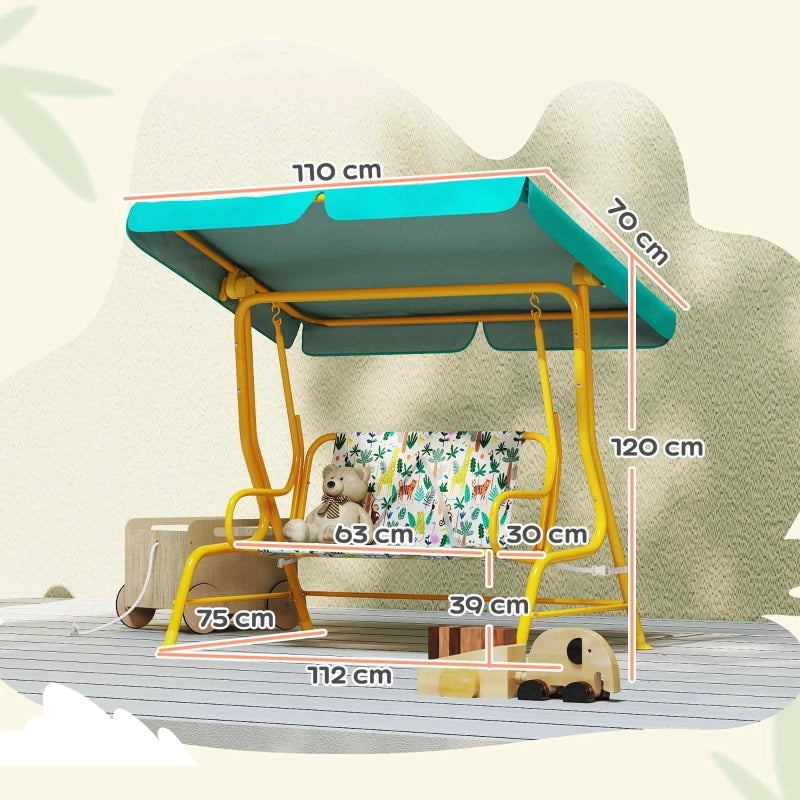 Altalena per bambini a 2 posti con tettuccio regolabile, cintura di sicurezza, verde