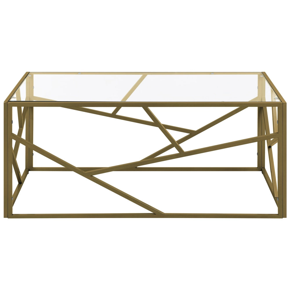 Tavolino da caffè con struttura in metallo dorato piano in vetro design geometrico glam