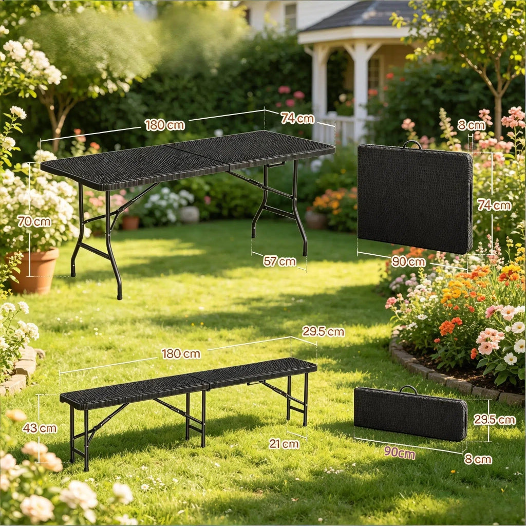 SET DA GIARDINO PIEGHEVOLE 180x74x70 cm HDPE NERO per 8-10 persone
