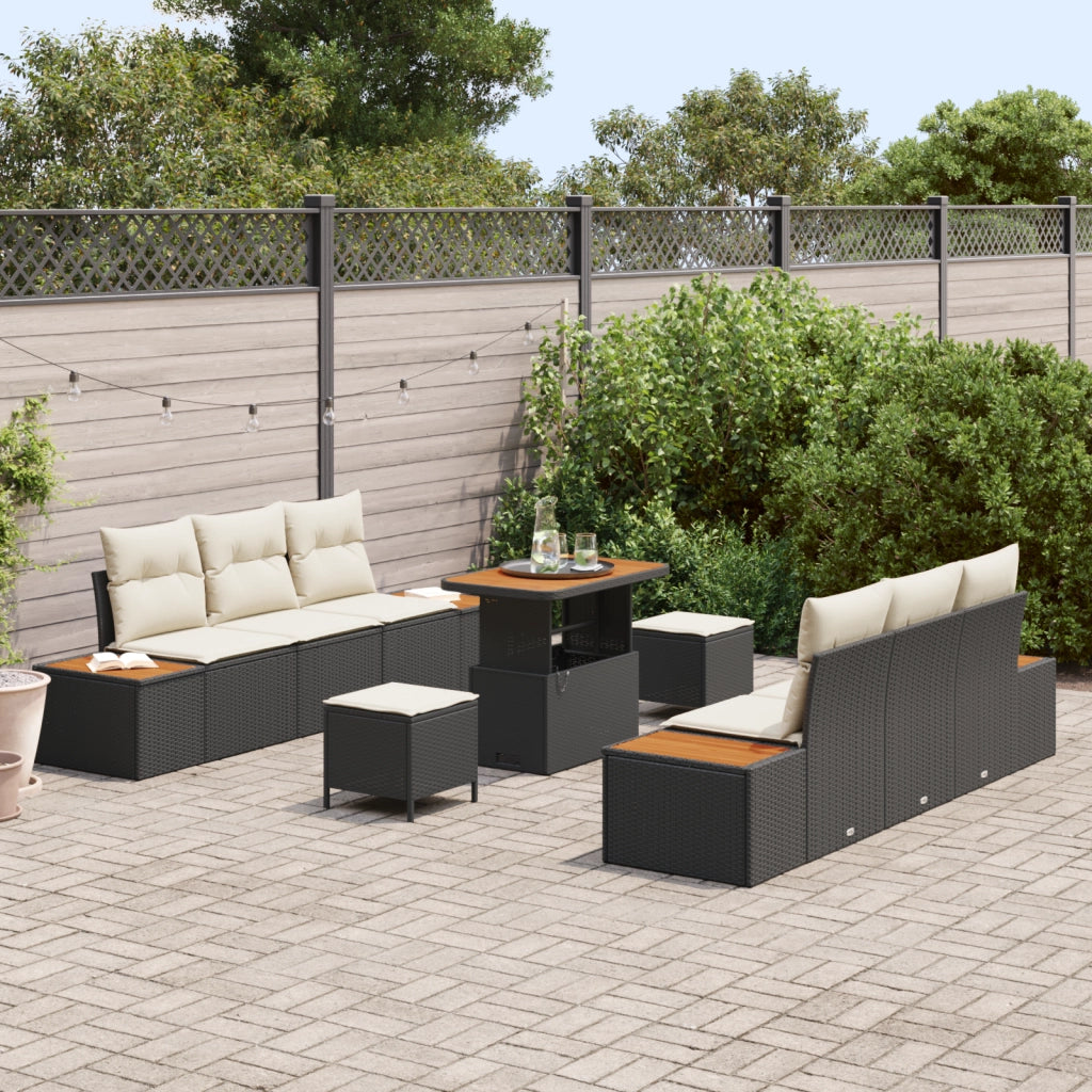 Set Divano da Giardino  con Cuscini 9 Pezzi Rattan Polyrattan Nero Acacia