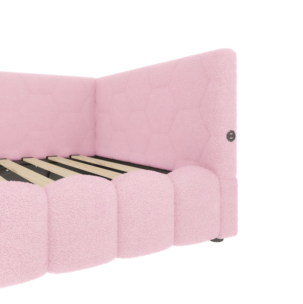 Letto da giorno 90x200 cm con rete a doghe; sollevamento idraulico; LED; USB e Tipo-C; rosa