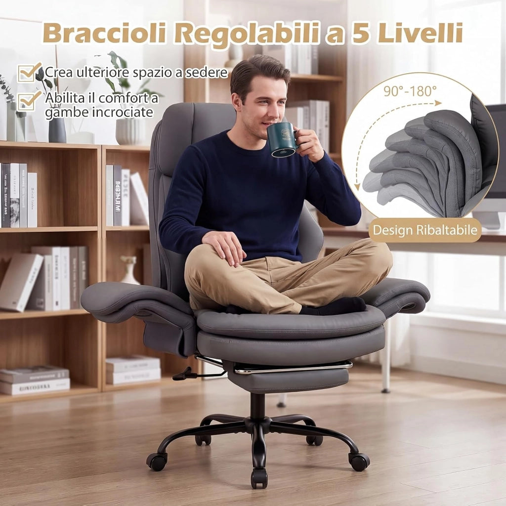 Sedia da Ufficio Ergonomica, Portata 150 kg (Grigio) | Sedia Scrivania con Rotelle Girevole, Braccioli Regolabili su 5 Livelli e Poggiapiedi Retrattile, per Casa e Ufficio