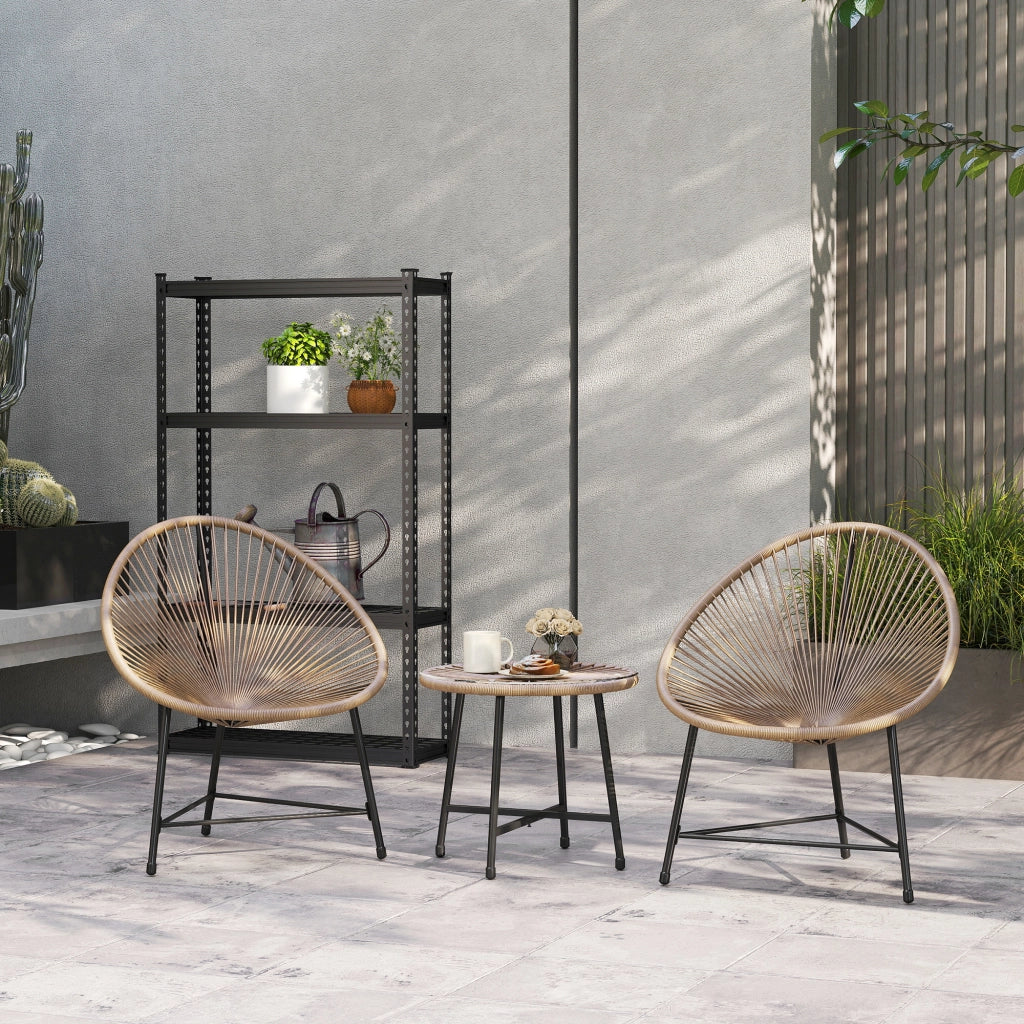 Set Giardino 3 Pezzi in Rattan e Acciaio con Sedie e Tavolino ¨C Zephmum ¨C Nero e Legno