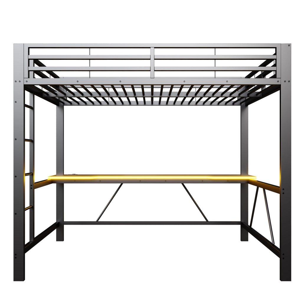 Letto a soppalco 140x200 cm con scrivania; LED e stazione di ricarica USB in metallo e MDF; nero