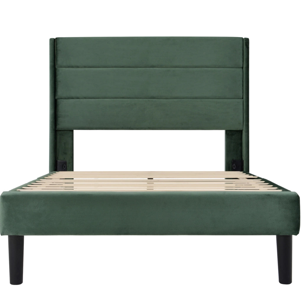 Letto imbottito 90x200 cm con rete a doghe e materasso H3; velluto verde scuro