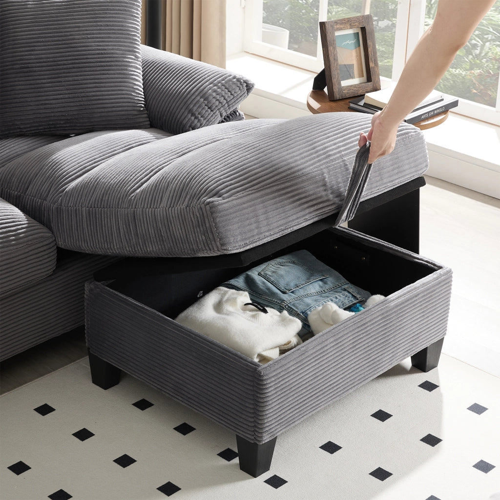 DIVANO U 293x142x93 cm grigio in velluto a coste 4-5 posti