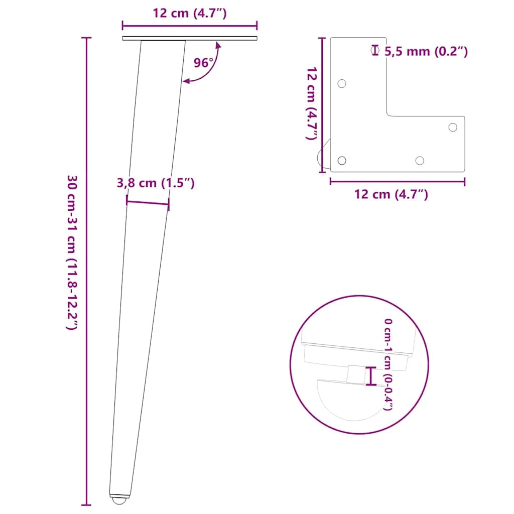 Set di 4 gambe robuste per tavolino da caffè coniche con piedini regolabili 30-31 cm in acciaio naturale 02_0056808